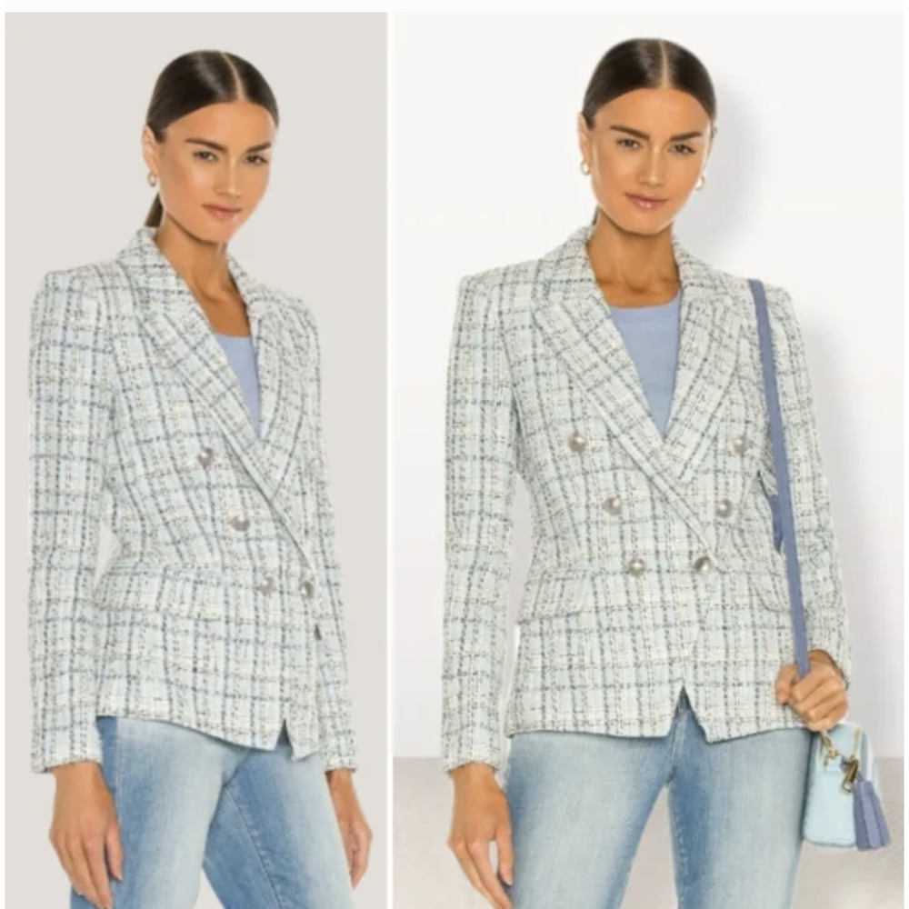 NWT L'AGENCE Kenzie Double Breasted Blazer 2 Blue Tweed Academia Office Career